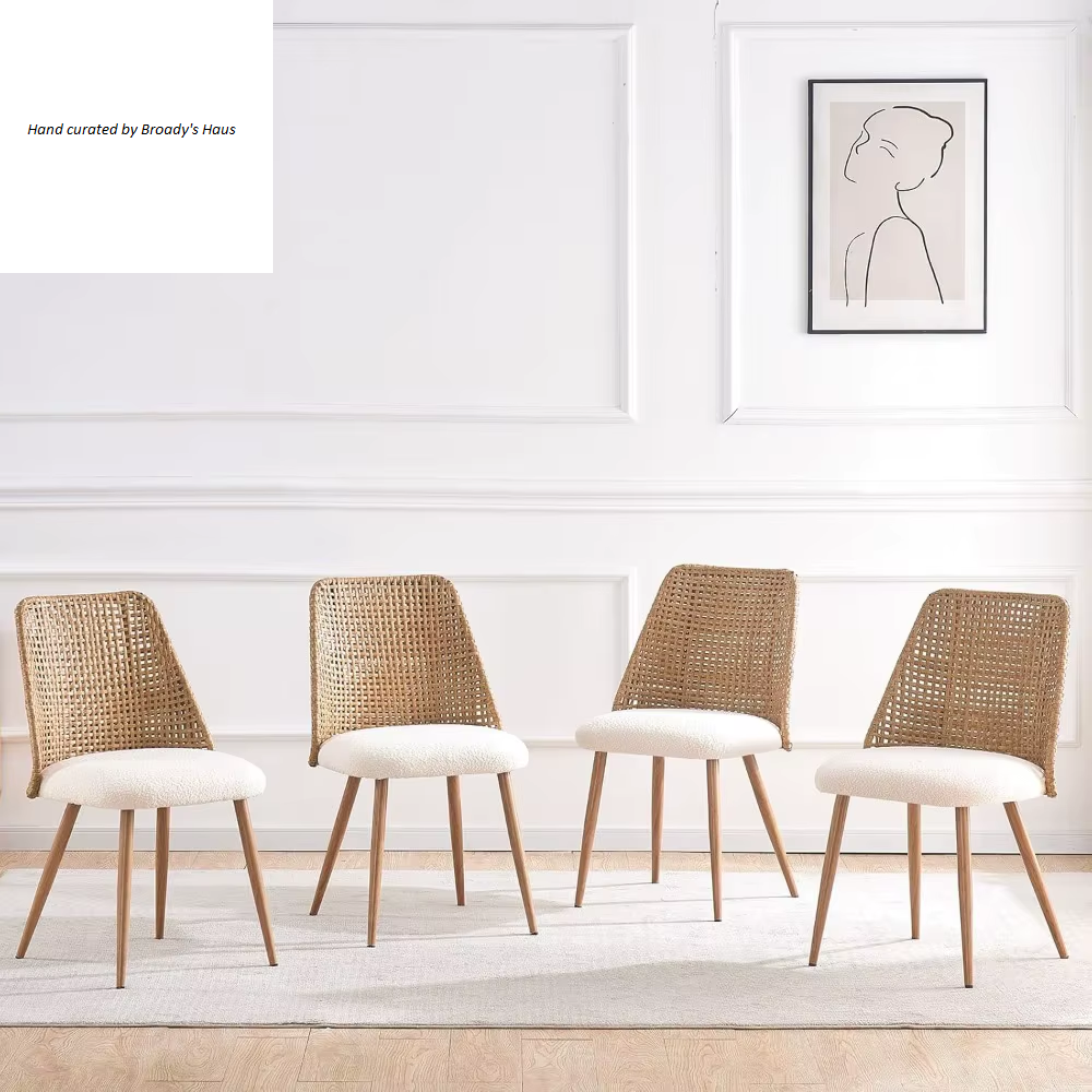 Modern Rattan and Boucle Dining Chairs - Set of 4
