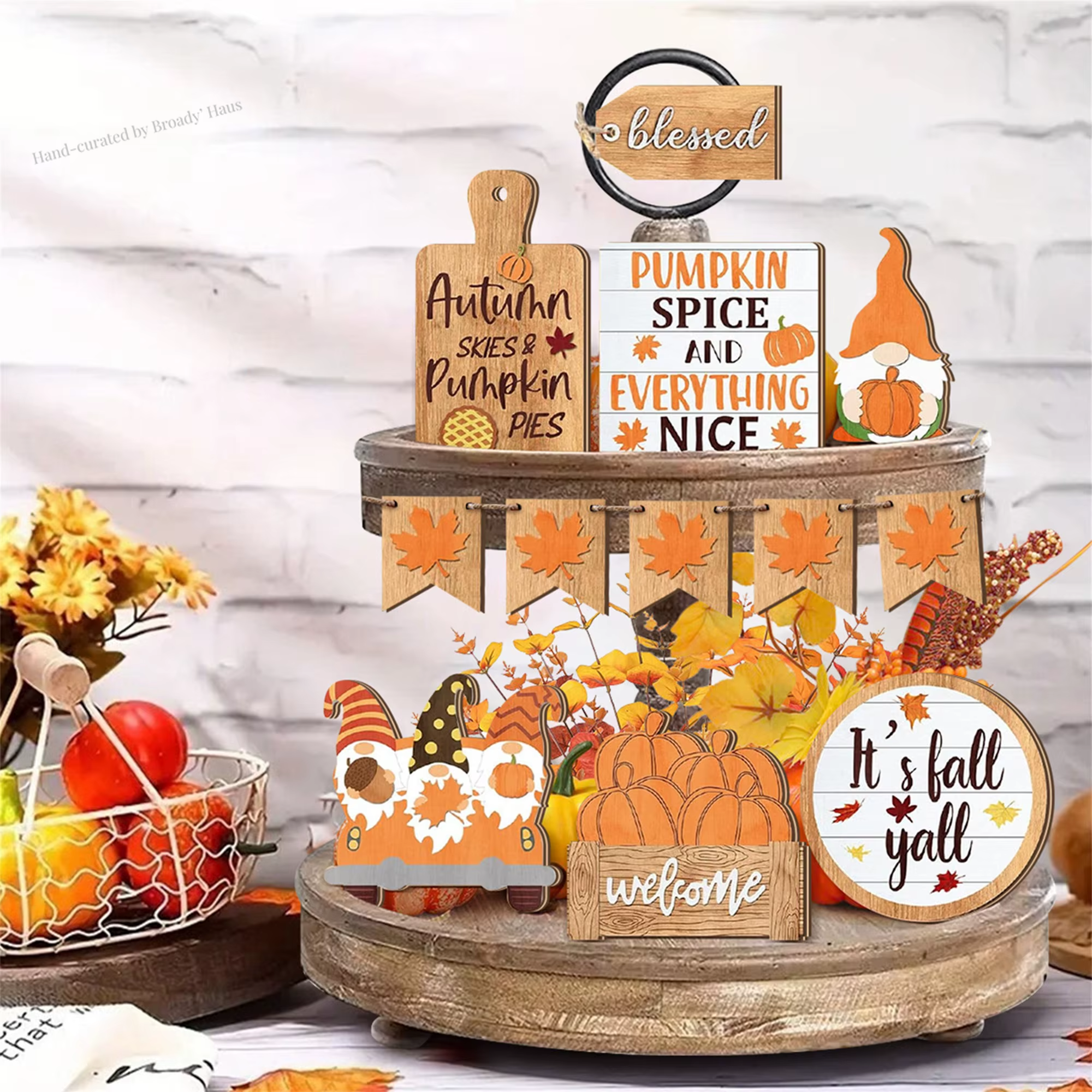 Fall Harvest Wooden Blessed Pumpkin Spice Table Centerpiece