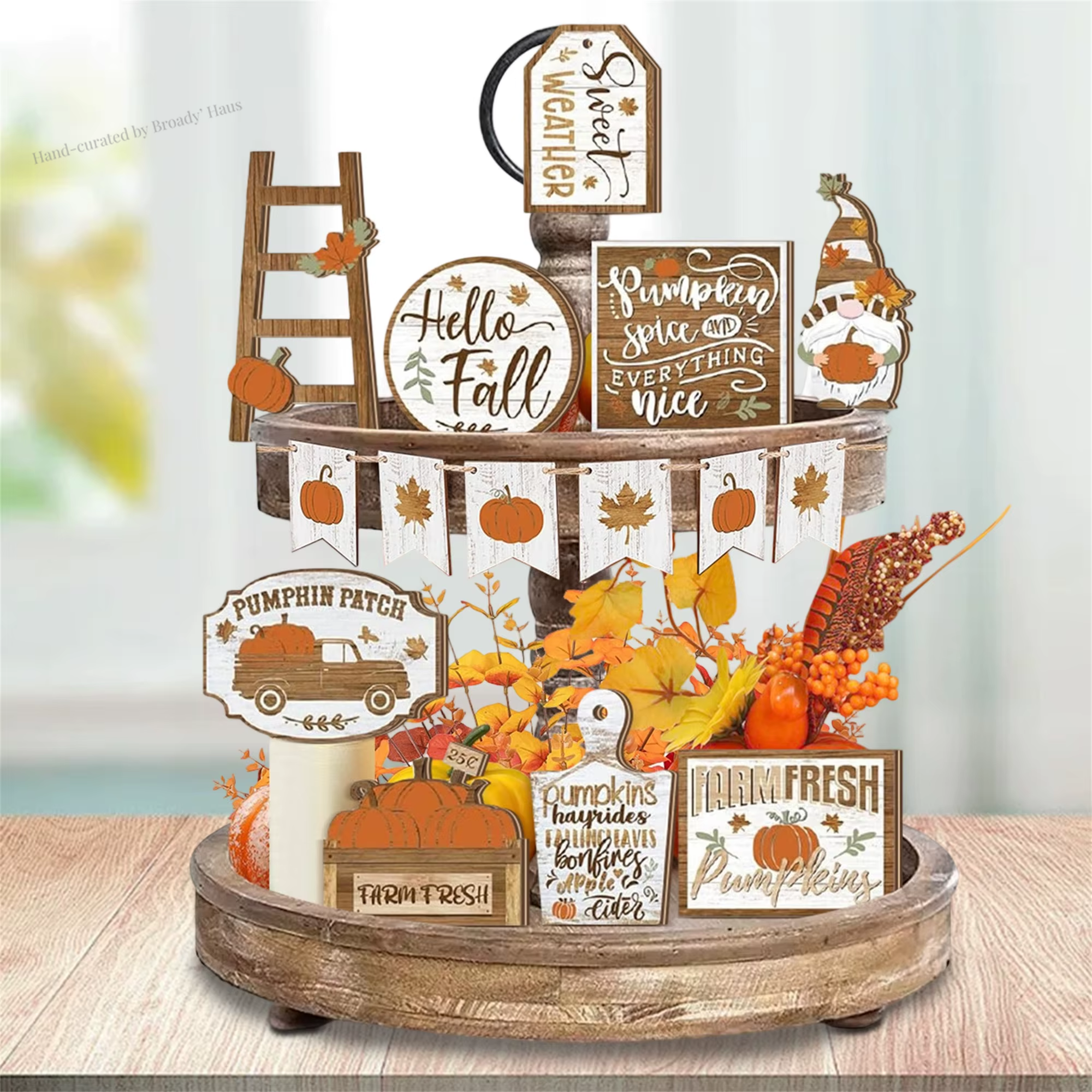 Fall Harvest Tiered Tray Wooden Pumpkin and Maple Leaf Table Centerpiece 