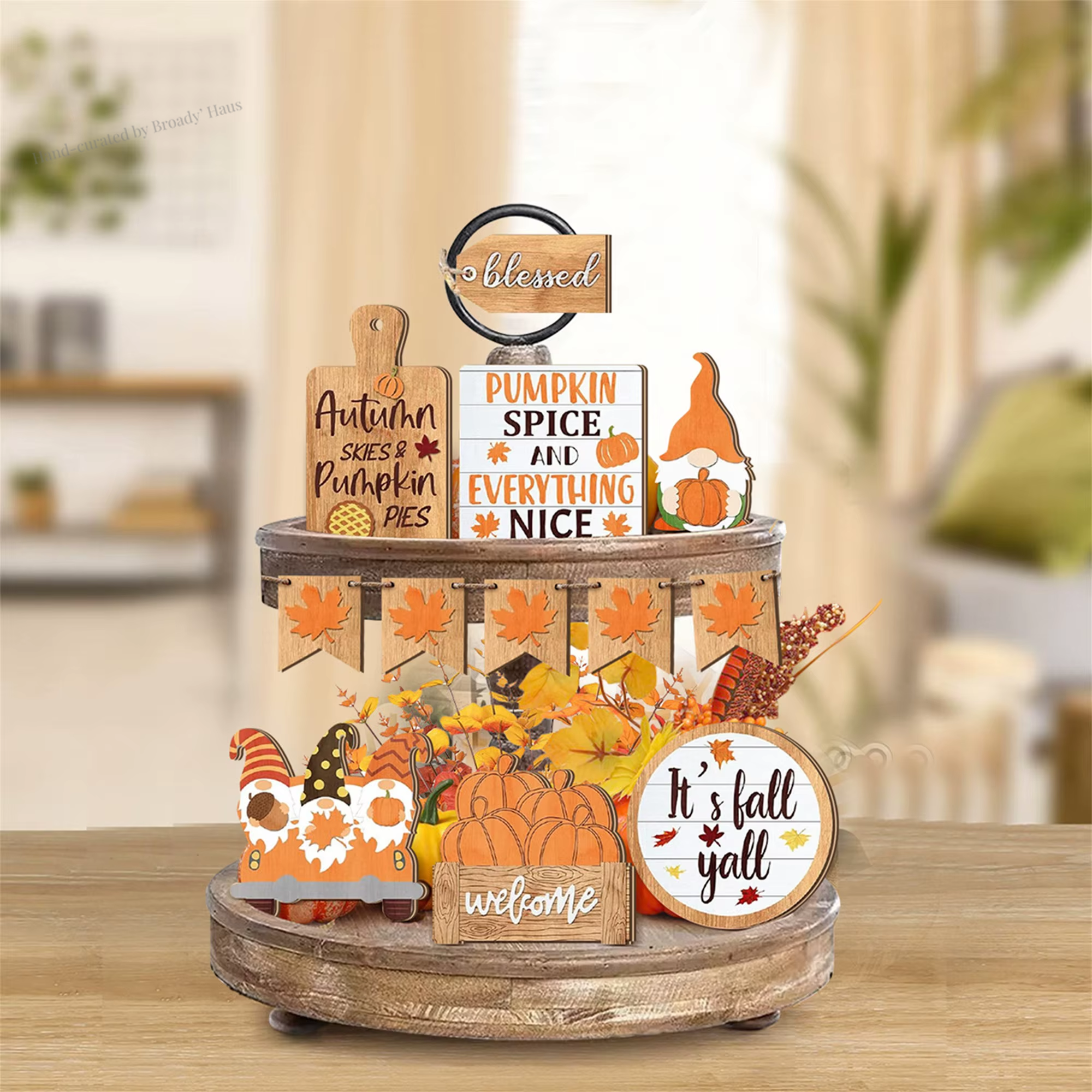 Fall Harvest Wooden Blessed Pumpkin Spice Table Centerpiece