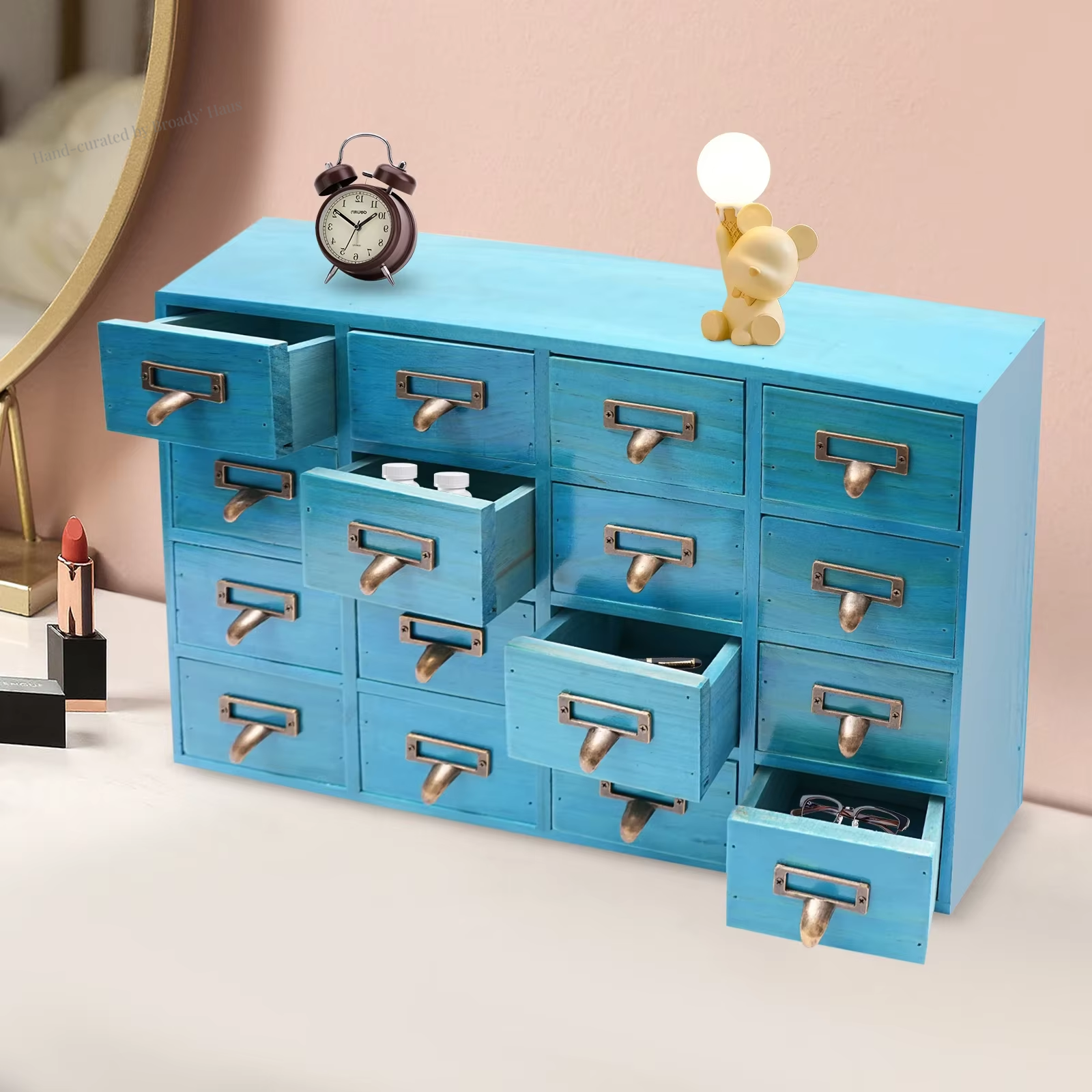 16-Drawer Wood & Metal Desktop Apothecary Storage Chest