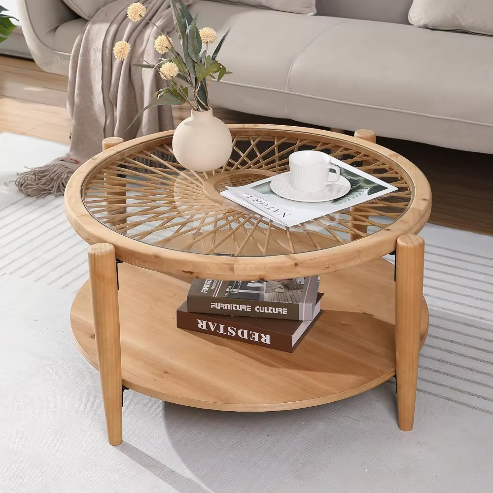 2-Tier Mid Century Modern Rattan Coffee Table w/Glass Top