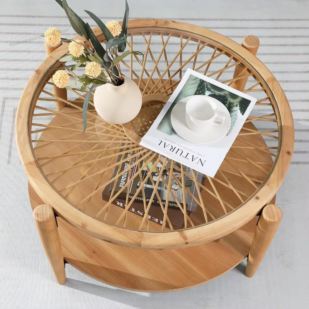 2-Tier Mid Century Modern Rattan Coffee Table w/Glass Top