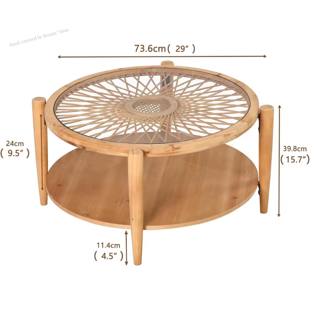 2-Tier Mid Century Modern Rattan Coffee Table w/Glass Top