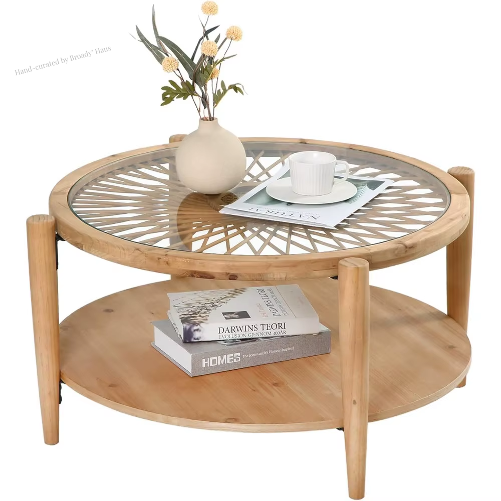 2-Tier Mid Century Modern Rattan Coffee Table w/Glass Top