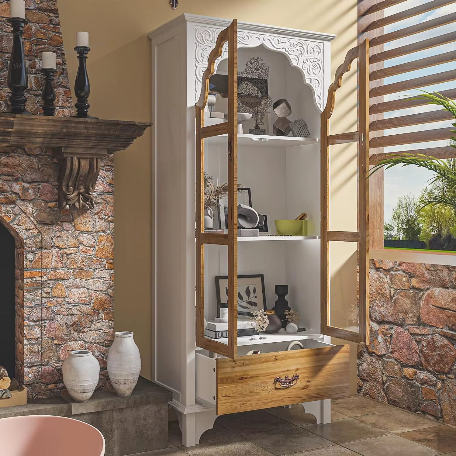 3-Tier Vintage Inspired Carved Door Storage Cabinet